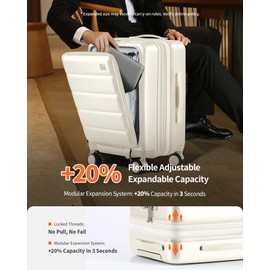 ISLAND ELEPHANT Carry On Luggage 22x14x9 Airline Approved - Expandable Front Pocket Hardside Travel Suitcase Unbreakable -with Cup Holder,USB Charge,Side Pothook, 360°Spinner Wheels, TSA Lock, White