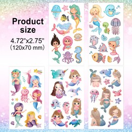 HOWAF Glitter Mermaid Temporary Tattoos For Kids Girls, 10 Sheets Mermaid Tattoo Mermaid Stickers Cartoon Fake Tattoos for Mermaid Party Favour Glitter Tattoos for Kids Girls Birthday Party Bag Filler