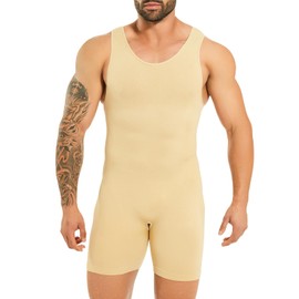 Kitfore Men's Shapewear Bodysuit Full Body Shaper Seamless Tummy Control Compression Shirt Body Shaper Undershirt with Leg Shorts, beige, M