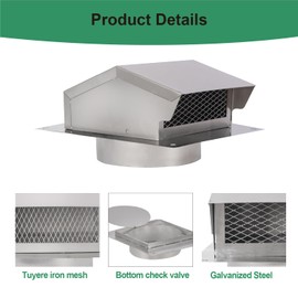 LTSEAME 6 Inch Stainless Steel Roof Vent Cap,Bathroom Exhaust Roof Vent for Dryer,Removable Roof Vent,Galvanized Steel for Ventilation System with Damper, Silver (6 in)