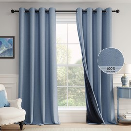 FMFUNCTEX 100% Blackout Blue Curtains for Bedroom/Living Room Darkening Drapes, Slate Blue Linen Textured Curatins 84 Inches Long Farmhouse Thermal Insulated Curtains, Grommet Top Black Out 2 Panels