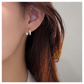 Inilbran Boho Pearl Hoop Earrings Gold Pearl Stud Earrings Vintage Pearl Wrap Earrings Minimalist Pearl Hoop Earrings Jewellery for Women and Girls, Alloy Steel