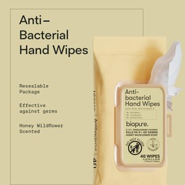 Biopure Antibacterial Hand Wipes - Antibacterial Wipes With Aloe and Vitamin E | 6.69 x 6.3 in Antibacterial Wet Wipes |No Parabens, Sulfates or Phthalates, Kills 99.9% of Germs Honey Wildflower 40 Ct