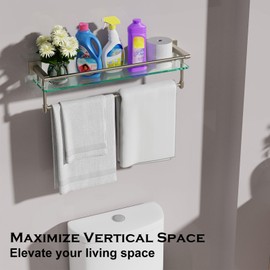 SFGSOWOR 24-Inch Modern Wall-Mounted Bathroom Glass Shelf with 1 Shelf, Brushed Nickel, 1 Towel Bar, 45 lbs Weight Capacity