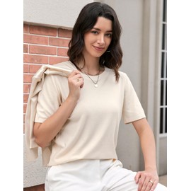DAIMIDY Womens Wool Blend Sweater Soft Crew Neck Short Sleeve Pullover Knit Tops,A01 Beige,Medium