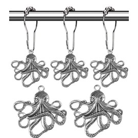 Octopus Shower Curtain Hooks Rings - Silver Metal Shower Hooks for Shower Curtain, Decorative Shower Hooks Shower Hanger, Ocean Bathroom Accessories Set, Tropical Sea Beach Theme Bathroom Decor