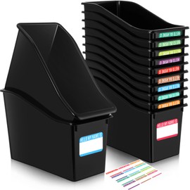 Fuutreo 12 Pcs Book Storage Bins with Labels Black Stackable Plastic Organizing Bins Plastic Folder Magazine File Holder for Classroom School Office Library Organization Containers Supplies