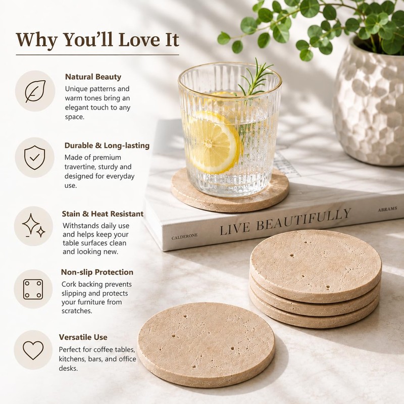 4" Natural Travertine Stone Coasters Set of 4,Round Stone Cup
