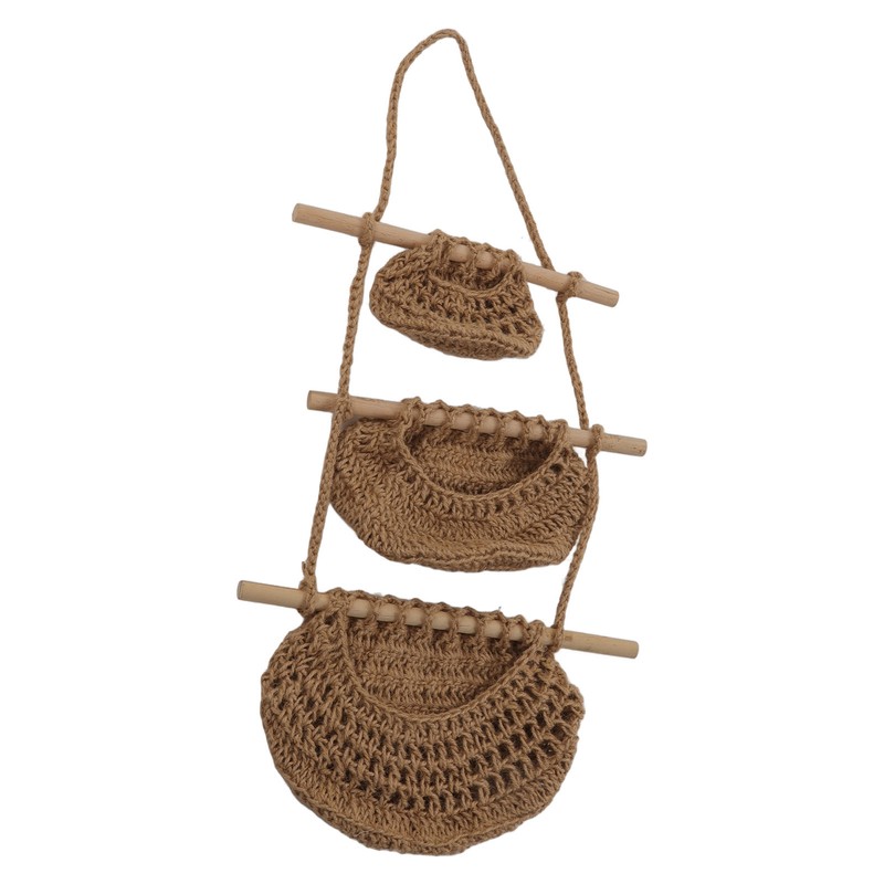 Hanging Fruit Basket 3 Tier Wall Mounted Handcraft Hemp Rope