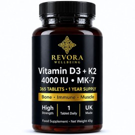 Vitamin D3 4000 IU + K2 MK7 100mcg Tablets, 1 Year Supply, 365 Tablets, High Strength Vitamin D3 K2 Supplement for Bone and Immune Support, 1 A Day, UK Made Vegetarian