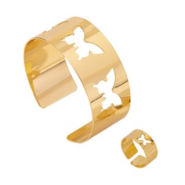 Hernin Adjustable Bracelet Butterfly Golden Women's Bangle with Open Rings Golden Plated Bangle Gold/Silver Chunky Retro Bangles Set for Girls Gift, One size, Iron, No Gemstone