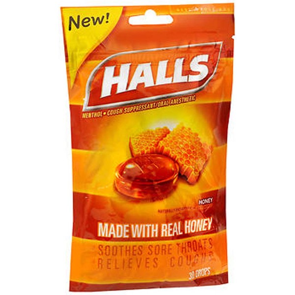Halls Cough Suppressant/Oral Anesthetic Drops Honey - 30 ct, Pack of 3