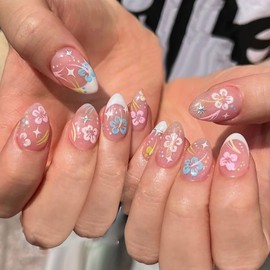 24Pcs Summer Beach Press on Nails Short Almond Flower Fake Nails Colorful Hibiscus Flowers Star Designs Glossy Full Cover Stick on Nails White French Tip False Nails for Women Girls Acrylic Nails