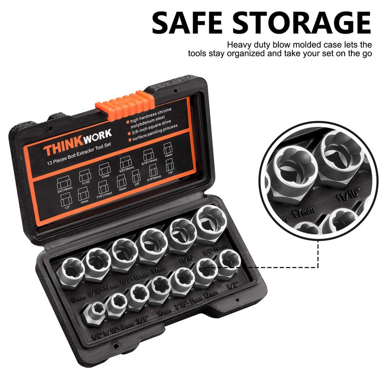 Thinkwork Impact Bolt Extractor Set, 13+1 Pieces Nut Removal Tool,
