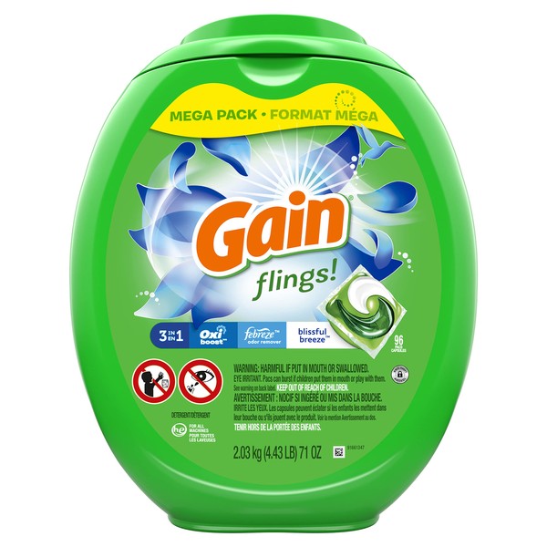 Gain flings! Laundry Detergent Soap Pods, High Efficiency (HE), Blissful Breeze Scent, 96 Count