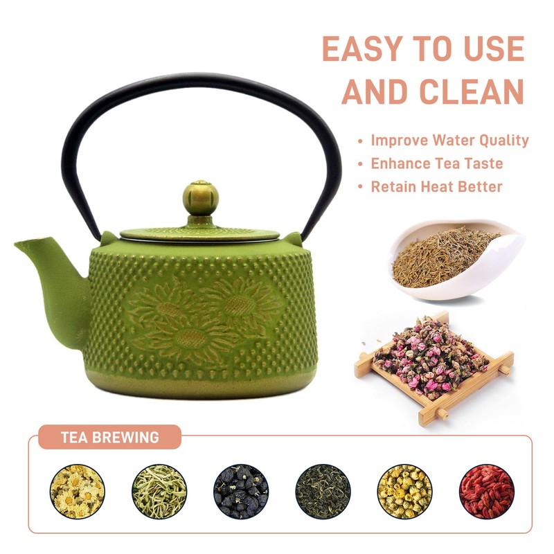 Cast Iron Teapot with Sunflower Pattern,SECHUDO Tea Kettle Coated with
