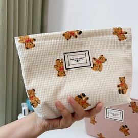 Gidary Cosmetic Bag Makeup Bag Preppy Cute Teddy Bear Corduroy Toiletry Bag for Women Travel Essentials (White-2)
