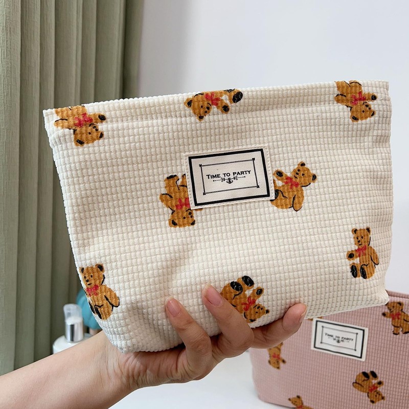 Gidary Cosmetic Bag Makeup Bag Preppy Cute Teddy Bear Corduroy