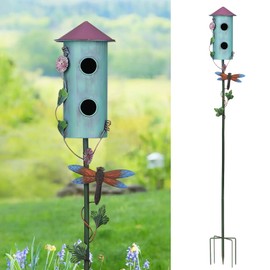 BAYN 57” Bird Houses Stake for Outside, Metal Wild Bird Feeder Double-Hole Birdhouse Stake with Cylinders Design Outdoor Decorations for Patio, Backyard, Garden