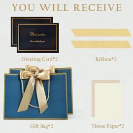 JMANNI Medium Gift Bags with Tissue Paper, 2Pcs with Handle and Bow Ribbon for Any Occasion 11''x7.87''x4'' (Golden-Blue)