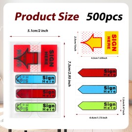 500pcs Please Sign Here Tabs, Arrow Signature Labels Stickers Adhesive Sign Here Decals Date Here Flags Message Index Post Flags for Documents Notebooks Home Office School Supplies (Color 2)