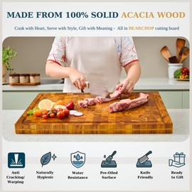 [2025 Upgraded] Bearchop Acacia Wood Cutting Board for Kitchen, 4-Side Reinforced Bar for Anti Crack/Warp, [17"x13"x1"] End Grain Wooden Butcher Block Cutting Board with Gift Box, Juice Groove, Handle