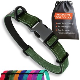 Green Dog Collar Small Dogs – Strong Reflective Adjustable Padded Dogs Collars – Metal Buckle Aluminium V-ring Dog Safety
