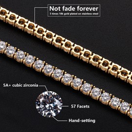 GOLD IDEA JEWELRY Iced Out Hip Hop 4mm/5mm Cubic Zirconia Stainless Steel Tennis Chain Necklace or Bracelet for Men Women (24, 18k- 5mm)