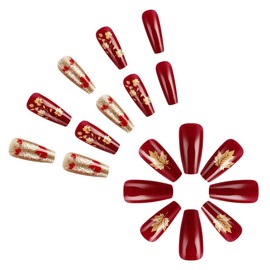 Thanksgiving Press on Nails Short Coffin Fake Nails Thanksgiving with Maple Leaves Glitter False Nails Designs Fall Glue on Nail Holiday Acrylic Nails for Women Autumn Nail Art Decoration 24Pcs