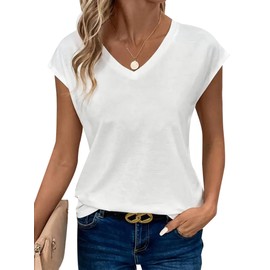 Avanova Women Plain Cap Sleeve V Neck T Shirts Short Sleeve Loose Casual Summer Tee Tops Solid White Small