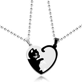 Uloveido A Pair of Titanium Cute Cat Puzzle Matching Necklaces Set Couples Stainless Steel Animal Necklace Valentine's Gift for Boy and Girl SN156 (Heart-Black&White)