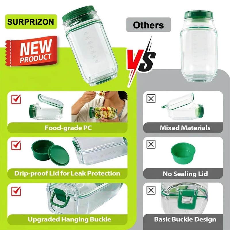 SURPRIZON Salad Jar with Side Opening, Leakproof Mason Jar Container,