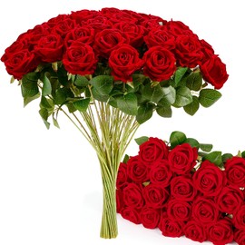 Auihiay 54PCS Red Roses Artificial Flower, Fake Silk Roses, Artificial Roses Bulk for Wedding Decorations Table Centerpieces, Mother's Day Valentine's Day Home Decor