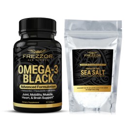 FREZZOR Omega 3 Black Green Lipped Mussel Oil, 53x Higher Potency for Superior Joint Comfort & Mobility, No Fishy Aftertaste, 1 Bottle, 60 Softgels Plus 1 Pouch of Flaky Sea Salt