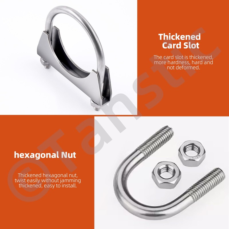 Tanstic 2Pcs U-Bolt Exhaust Clamps, 3 in Stainless Steel Muffler