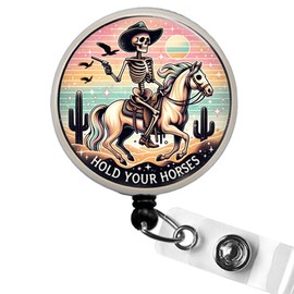Hold Your Horses Badge Reel - Skeleton Riding Horse Design, Funny Badge Holder, Skeleton ID Badge Holder, Teacher Badge Reel, Office Accessories, X-Ray Tech Badge Clip, Funny Nurse Badges