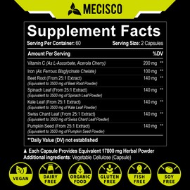 7in1 Iron and Vitamin C Supplement 17800mg - Ultra Concentrated with Beet Root, Spinach, Kale, Swiss Chard & Pumpkin - Body Balance, Natural Mood & Immune Support - 120 Capsules for 2-Month Supply