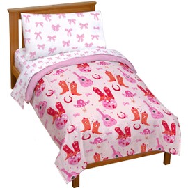 Cowgirl Boots & Bows Comforter Set for Toddler Bed Frame - 4 Piece Bedding Includes Sheet Set, Pillow Covers - Super Soft Cozy Pink Disco Bedding