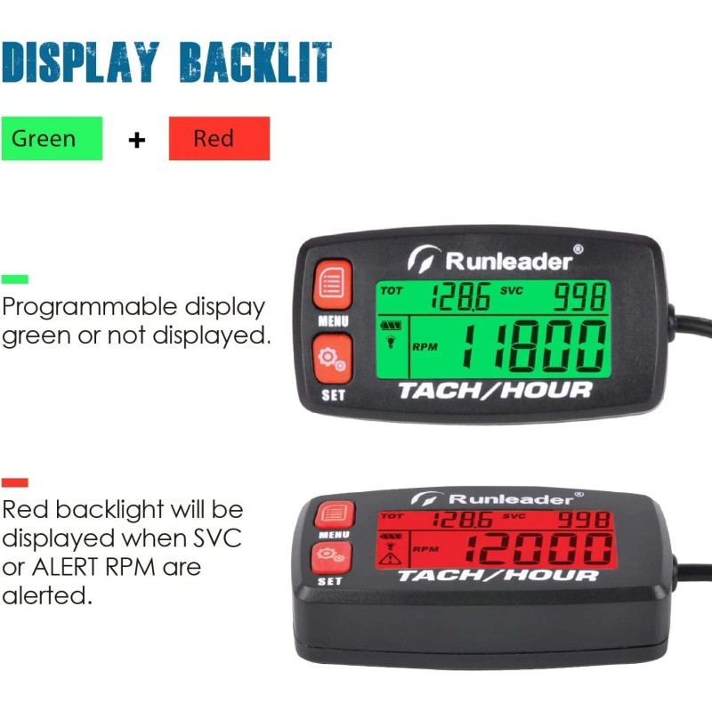 Runleader Digital Tach Hour Meter Self Powered Maintenance RPM Alert