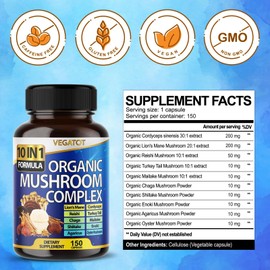 Vegatot Mushroom Complex 150 Count 10 in 1 Dietary Supplement for Wellness