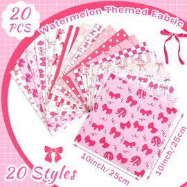 HunnmingRe 20 Pcs 10''x10'' Pink Bow Quilting Fabric Square Bundle Pink Bow Cotton Precuts Quiltted Fabric Multi Color Printed Patchwork Supplies for Holiday Patchwork DIY Sewing Crafts