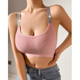brasier deportivo acanalado para mujer, con tirantes brillantes, playera sin mangas Y2K con espalda cruzada para yoga, Rosado, XS