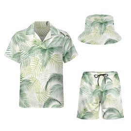 Men's 2 Piece Tracksuit Hawaiian Shirt Shorts Button Down Cuban Neck Shirt and Tropical Beach Shorts Sets with Bucket Hats Leaf Green L