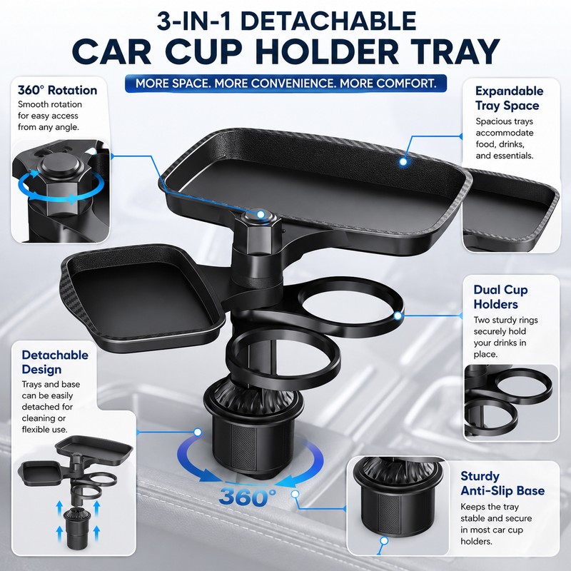 Car Cup Holder Tray for Road Trips – 360° Rotating