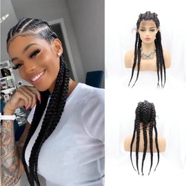 SereneWig Natural 1B Synthetic Hair Wig with Baby Hair for Women Black Yake Braided Black 5 x Twist Braids Drag Queen Lace Front Wig 55cm