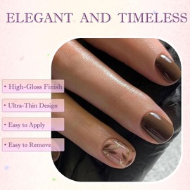 24PCS Brown Leaves Press-on Nails, Short Square French Tip False Nails with Elegant Design, Complete Acrylic Kit Includes Accessory Tools and Builder Gel for Easy Application