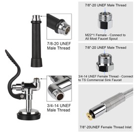 Pre Rinse Spray Valve with 45" Flexible Hose KANONEY Stainless Steel Hose 1.42 GPM Commercial Sink Sprayer Nozzle Head Replacement Kit for Dish Industrial Restaurant Kitchen Faucets, Black