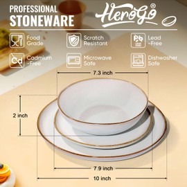 Herogo Stoneware Dinnerware Sets, 12 Piece Dinner Dishes Set for 4, Ceramic Plates and Bowls Dishware, Tableware Includes Dinner Salad Plates, Soup Bowls, Microwave & Dishwasher Safe, Pearl White