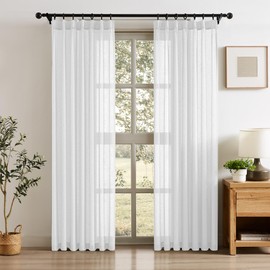 Linen Pleated Curtains for Living Room, White Semi Sheer Curtains & Drapes 95 Inches Length 2 Panels Set Pinch Pleat Farmhouse Country Boho Style Back Tab Draperies for Sliding Door, 40" W x 95" L