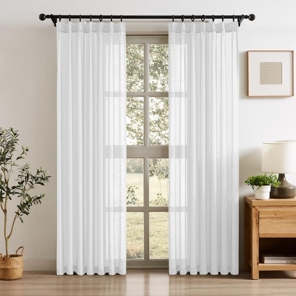 Linen Pleated Curtains for Living Room, White Semi Sheer Curtains